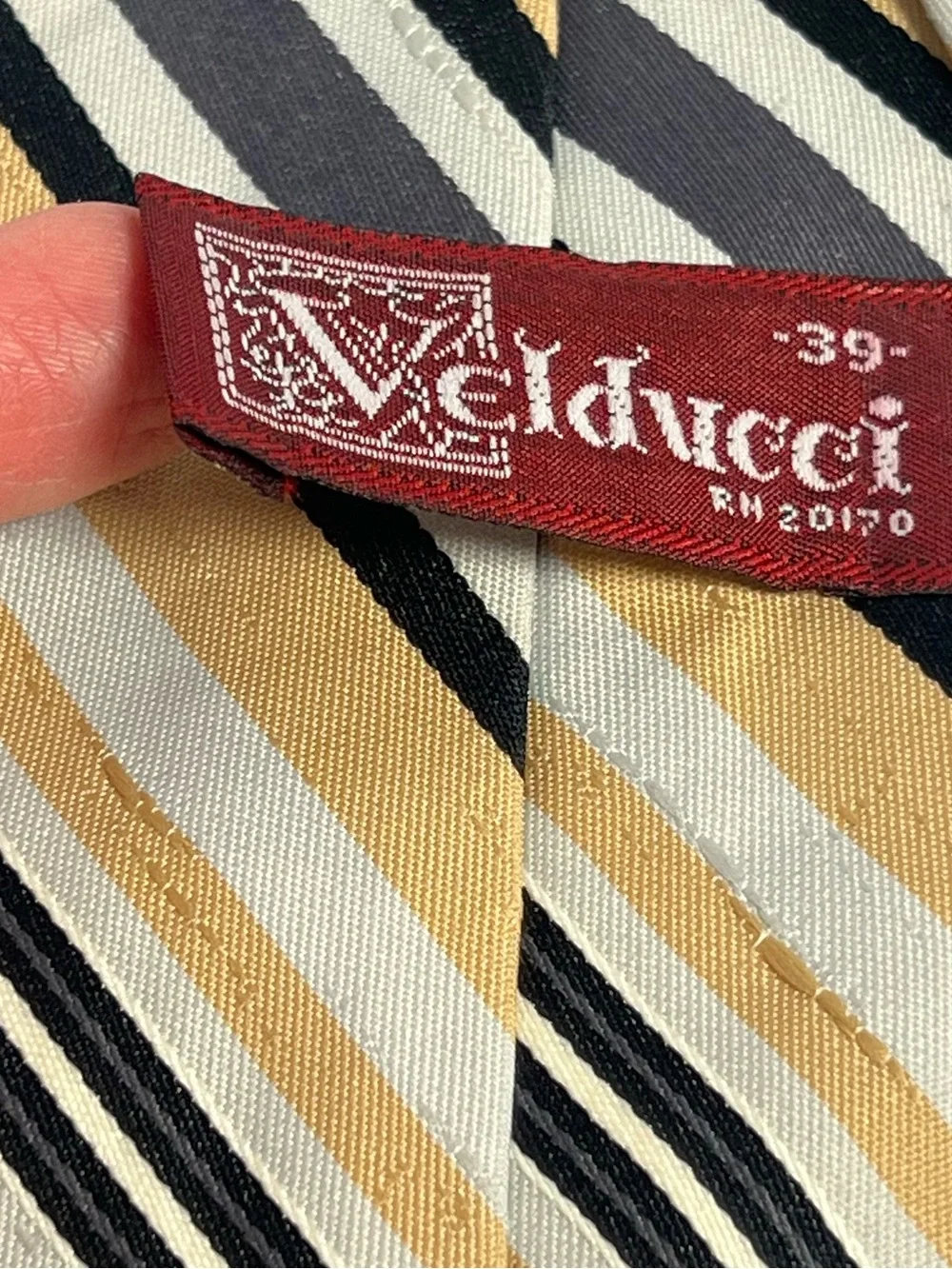 Vintage Velducci Stripped Necktie Beige Gray Black Polyester Men’s Tie